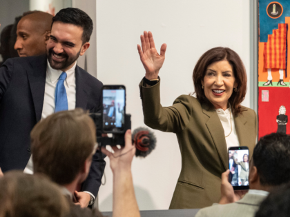 FILE - New York Mayor Zohran Mamdani and New York Governor Kathy Hochul arrive at a press