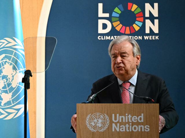 United Nations (UN) Secretary-General Antonio Guterres delivers a speech during the Climat