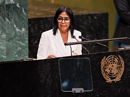 NEW YORK, NEW YORK - SEPTEMBER 23: Acting President of Venezuela Delcy Rodríguez speaks d