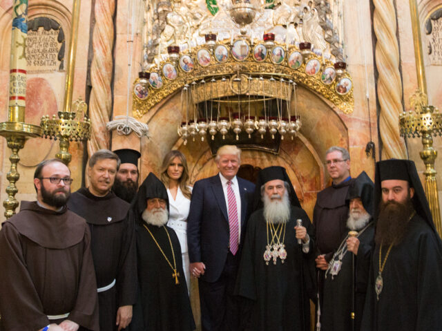 Donald Trump at Church of the Holy Sepulchre President Donald Trump and First Lady Melania Trump pose for a photo with religious cleric
