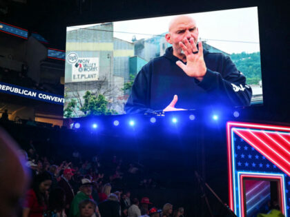 US Senator John Fetterman, Democrat from Pennsylvania, is displayed on a screen as he deli
