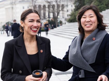 (L-R): Representatives Alexandria Ocasio-Cortez (D-NY), and Grace Meng (D-N.Y.), talk afte