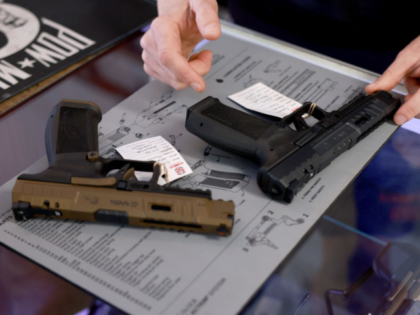 DELRAY BEACH, FLORIDA - JANUARY 31: Brandon Wexler helps a customer shop for a handgun at