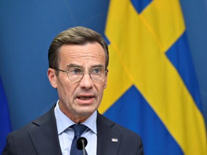 Sweden's Prime Minister Ulf Kristersson addresses a press conference as the terror threat