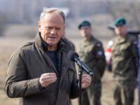 Poland's Prime Minister Donald Tusk delivers a press statement after he inspected the border fence and infrastructure built to curb irregular immigration at the Belarusian border in Ozierany Male, eastern Poland, on March 22, 2025. (Photo by Wojtek RADWANSKI / AFP) (Photo by WOJTEK RADWANSKI/AFP via Getty Images)