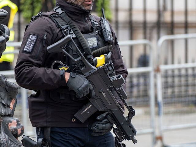 Armed Metropolitan Police on duty in Westminster on 5th May 2025 in London, United Kingdom