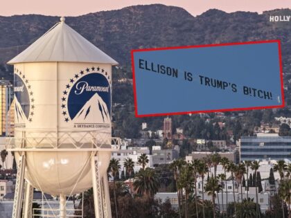 An aerial view of the Paramount logo on the water tower at Paramount Studios, with the Hol