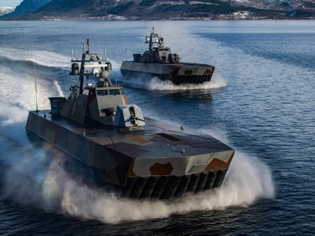 Two Skjold-class Corvettes of the Norwegian Navy manoeuvre off the coast of Harstad on Mar