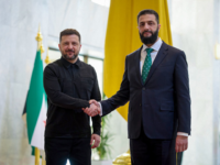 Syrian President Ahmad Al-Sharaa receives Ukrainian President Volodymyr Zelenskyy at the People's Palace in Damascus, Syria, on April 5, 2026. (Photo by Rami Alsayed/NurPhoto via Getty Images)