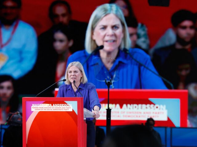 Social Democratic Party chairman Magdalena Andersson of Sweden delivers a speech during th