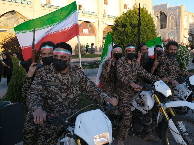 GettyImages-2275405275 ISFAHAN, IRAN - APRIL 29, 2026: A group of Basiji (mobilized militia) men in military fati