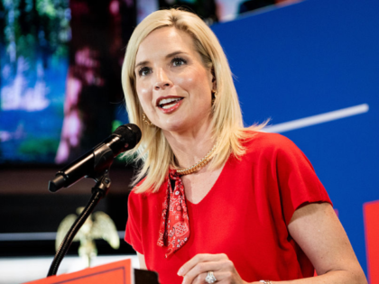 Representative Ashley Hinson, a Republican from Iowa and US Senate candidate, speaks durin