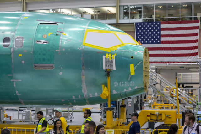 A Boeing 737 MAX 10 fuselage is pictured during the opening ceremony for the company'