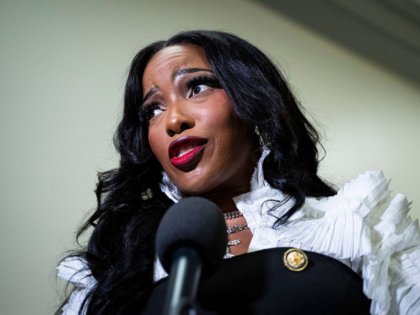 Representative Jasmine Crockett, a Democrat from Texas, speaks to members of the media dur