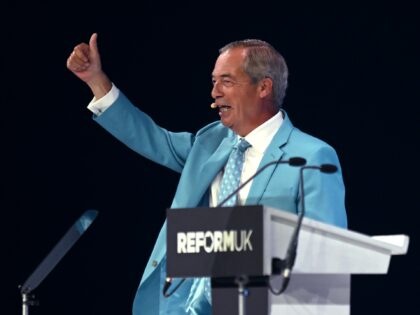 BIRMINGHAM, ENGLAND - SEPTEMBER 05: Reform UK Leader Nigel Farage addresses delegates duri