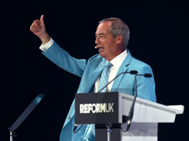 BIRMINGHAM, ENGLAND - SEPTEMBER 05: Reform UK Leader Nigel Farage addresses delegates duri