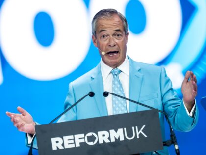 BIRMINGHAM, ENGLAND - SEPTEMBER 05: Reform UK Leader Nigel Farage addresses delegates duri