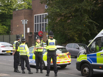 MANCHESTER, ENGLAND - SEPTEMBER 21: A Police presence outside Heaton Park Synagogue as mem
