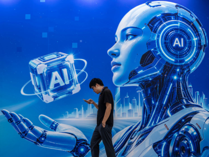 BEIJING, CHINA - SEPTEMBER 22: A visitor walks by a billboard for AI as they attend the PT