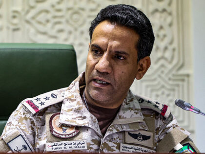 Spokesman of the Saudi-led military coalition in Yemen Colonel Turki al-Maliki speaks duri