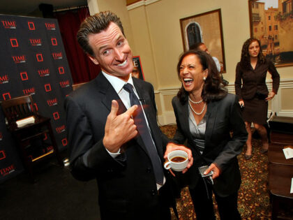 San Francisco Mayor Gavin Newsom and Kamala Harris laugh at a Time magazine breakfast for