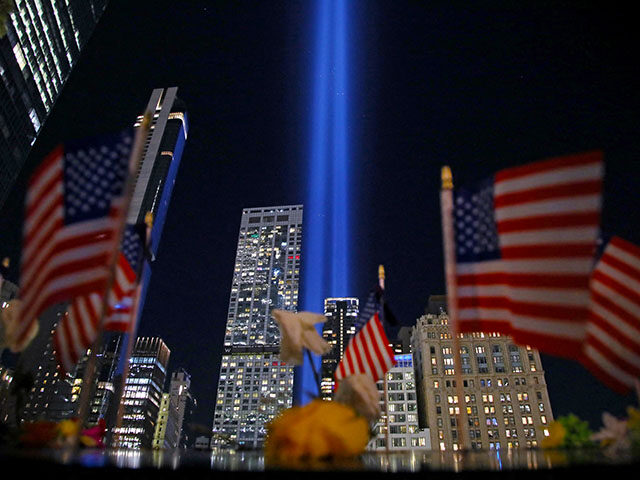 The Tribute in Light is illuminated on the skyline of lower Manhattan in New York City on