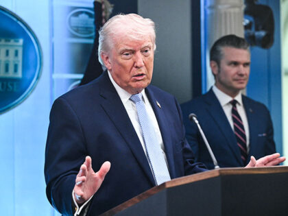 US President Donald Trump speaks about the conflict in Iran in the James S. Brady Press Br