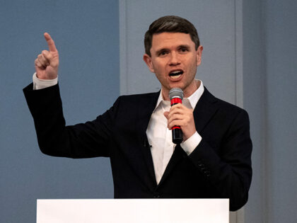 Democratic candidate for US Senate James Talarico speaks during a rally in Houston, Texas,