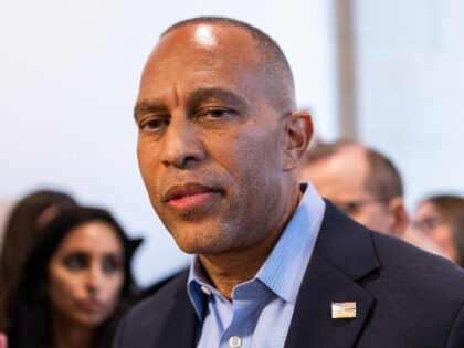 Democratic House Leader Hakeem Jeffries (D-NY) speaks to reporters after holding a press c