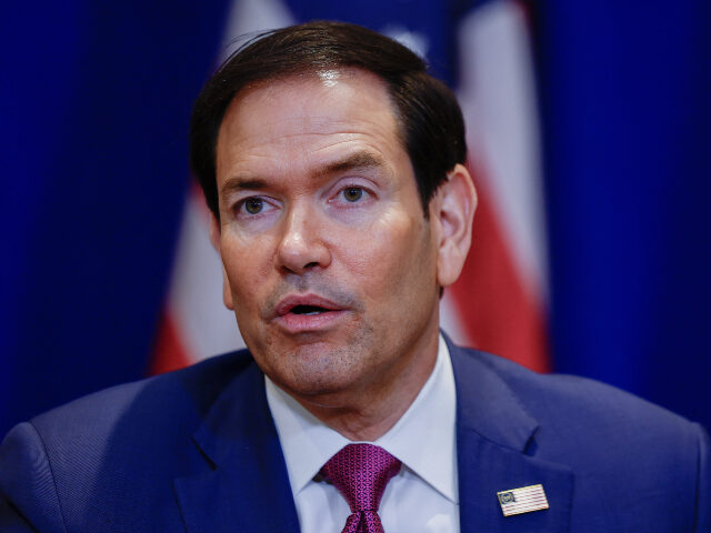 US Secretary of State Marco Rubio speaks to members of the media during a signing ceremony