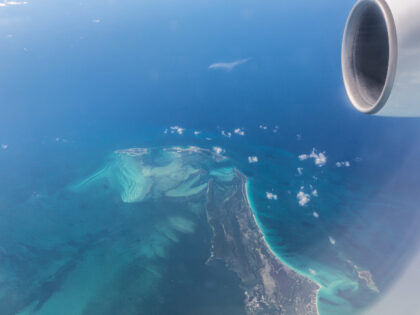 Great Harbour Cay, in the Bahamas, is seen from an airplane in a flight from Spain to the