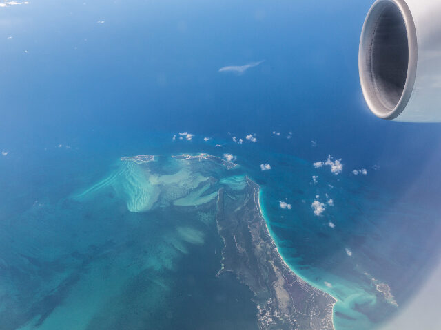 Great Harbour Cay, in the Bahamas, is seen from an airplane in a flight from Spain to the