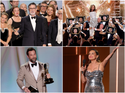 LOS ANGELES, CALIFORNIA - SEPTEMBER 14: Stephen Colbert and crew accept the Outstanding Va