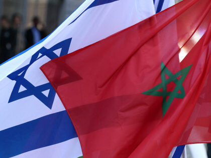 Israeli and Moroccan flags are pictured during an official ceremony in Israel's Mediterran