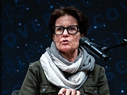 Journalist Kara Swisher records the "On With Kara Swisher" podcast during an event hosted