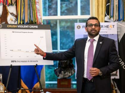President Donald Trump participates in a press conference with FBI Director Kash Patel, At