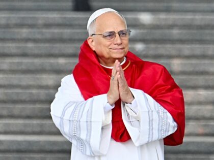 TOPSHOT - Pope Leo XIV gestures during a visit at the Maqam Echahid Martyrs' Monument in E