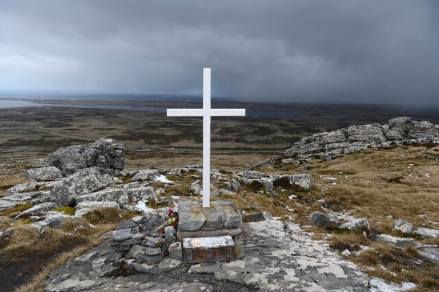 A memorial is seen on Mount Harriet, the scene of fighting against invading Argentine sold