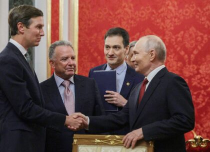 Russia's President Vladimir Putin (R) welcomes US special envoy Steve Witkoff (2nd L)