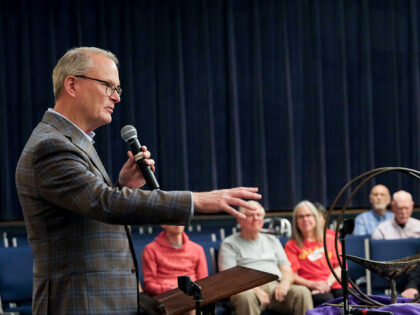 Adam Hamilton, Democratic Senate candidate for Kansas, speaks during a campaign event in L