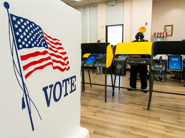 A voting booth as a voter casts their ballot at a polling location inside Echo Park Branch