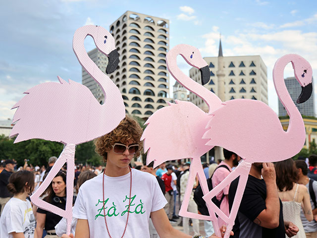 Title: Albania Protest Kushner Image ID: 26154616038805 Article: Protesters hold pink flamingo cutouts during a demonstration in Tirana, Albania, Wednesday, June 3, 2026, opposing a luxury coastal development project linked to Jared Kushner and Ivanka Trump over concerns about environmental impacts and transparency. (AP Photo/Hameraldi Agolli)