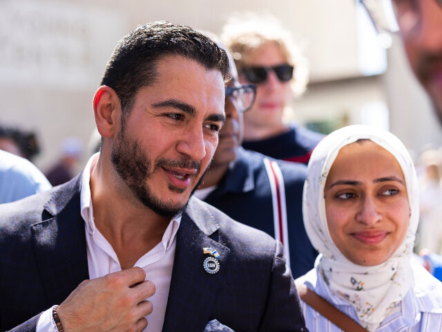 Michigan Democratic Senate primary winner Abdul El-Sayed arrives with his wife, Sarah Juka