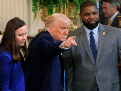 U.S. President Donald Trump hosts Sen. Ashley Moody (R-FL) (L), Rep. Byron Donalds (R-FL)
