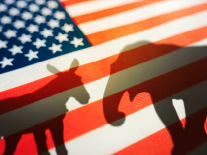 Animal shadows on the flag. Democrats vs republicans are in ideological duel on the americ