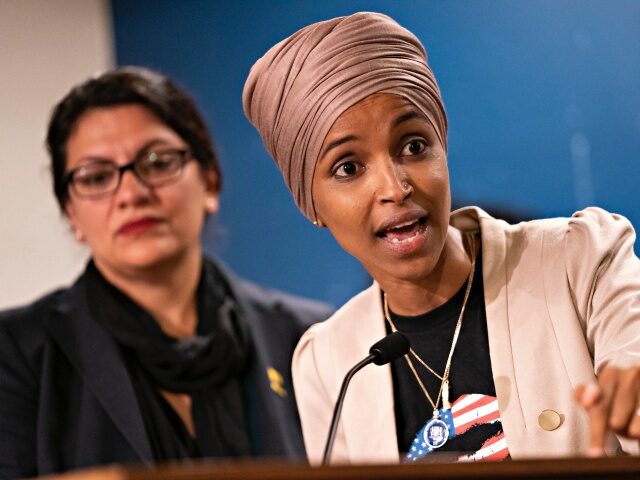 Reps. Ilhan Omarand Rashida Tlaib hosted a press conference on travel restrictions to Palestine and Israel. St. Paul, MN-August 19: Rep. Ilhan Omar, with Rep. Rashida Tlaib at her side, spoke at a p