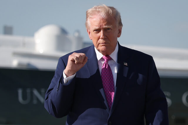 JOINT BASE ANDREWS, MARYLAND - APRIL 10: U.S. President Donald Trump walks toward reporter