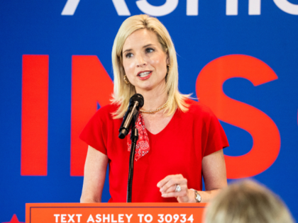 Representative Ashley Hinson, a Republican from Iowa and US Senate candidate, speaks durin