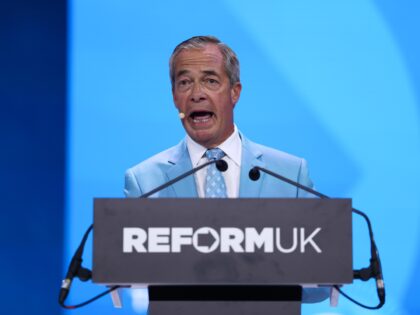 Nigel Farage, leader of Reform UK, at the Reform UK annual conference in Birmingham, UK, o