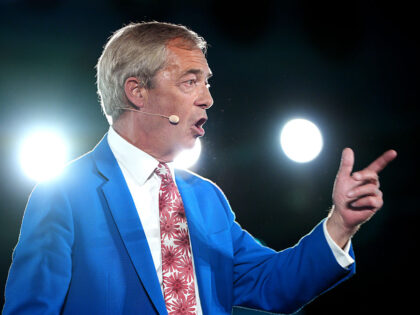 DONCASTER, ENGLAND - OCTOBER 01: Reform UK Leader Nigel Farage speaks during a Reform UK r
